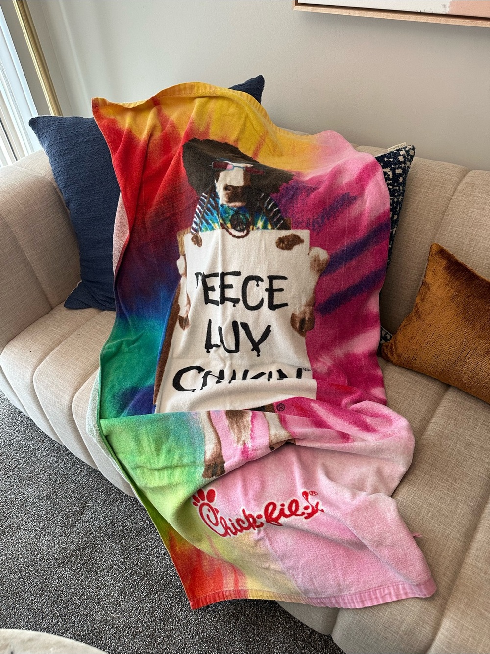 Chick-fil-A Tie-Dye Cow Plush Beach Towel Peece Luv Chikin